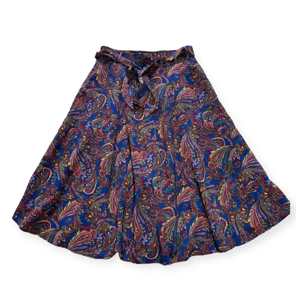 ModCloth Navy Paisley Sash-Tie A-Line Skirt Pockets Size M. - Picture 2 of 4